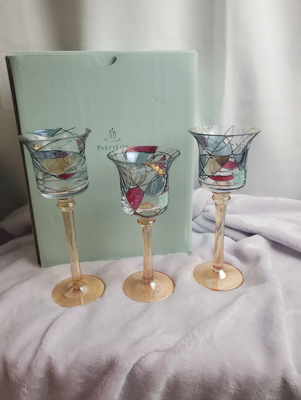3 Piece Retired Tiffany Style Mosaic Stemmed Votive Glass Tealight Holders New - Picture 1 of 16